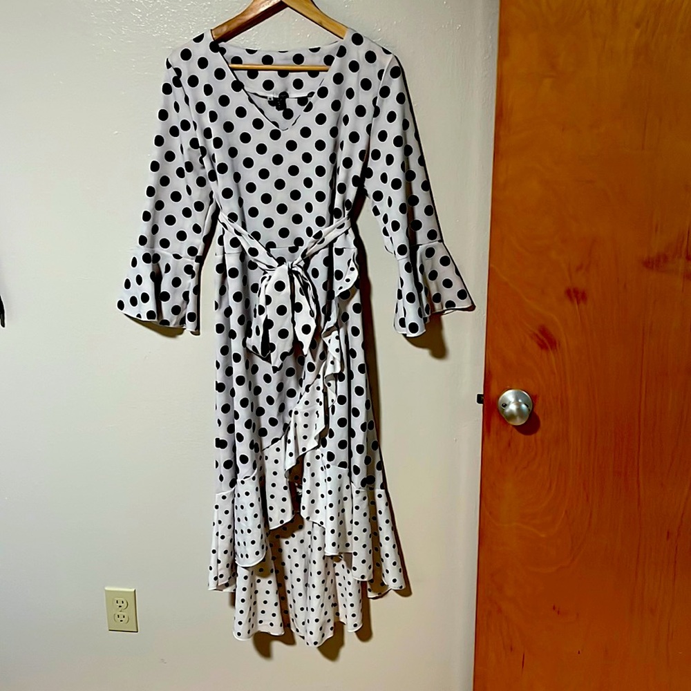 A fun black polkadot with a white background dress for you!!